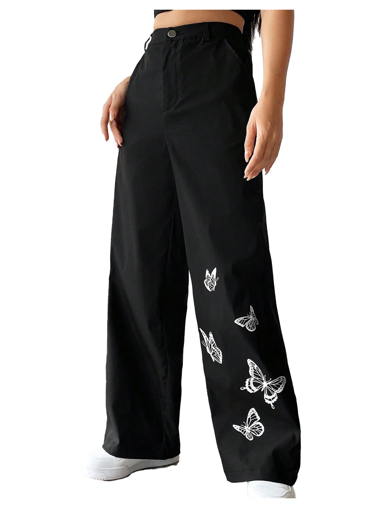 SweatyRocks Womens Wide Leg Baggy Pants Butterfly Print High Waisted Casual Trousers with Pocktes