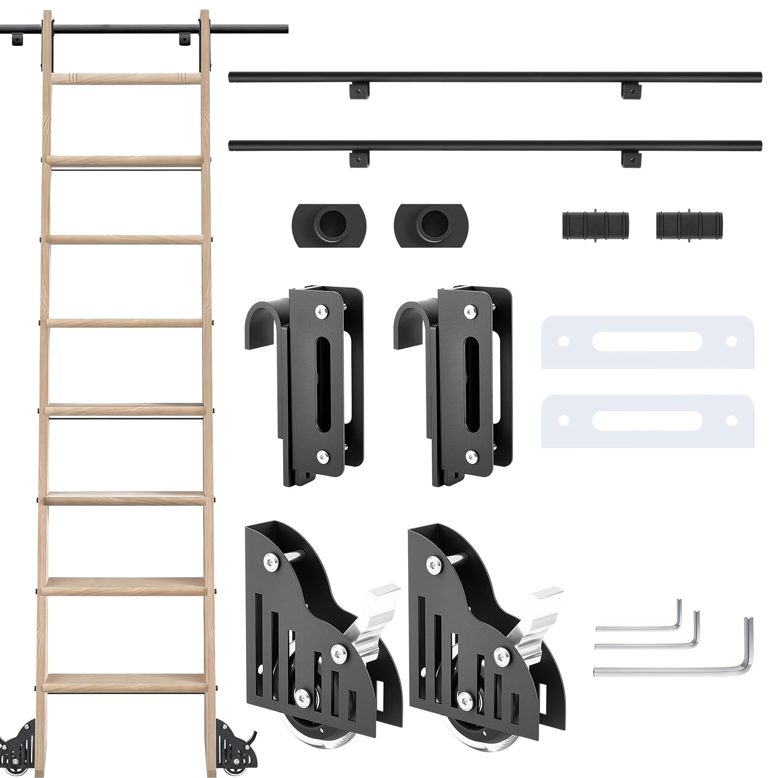 Photo 1 of Zonon 6.6 ft Sliding Library Ladder Hardware Kit Barn Door Hardware Kit Includes Telescope Hook Bottom Wheel 300lb Load Capacity for Rolling for Loft Bookshelf Fit 1-1/8" Stepladder, No Ladder