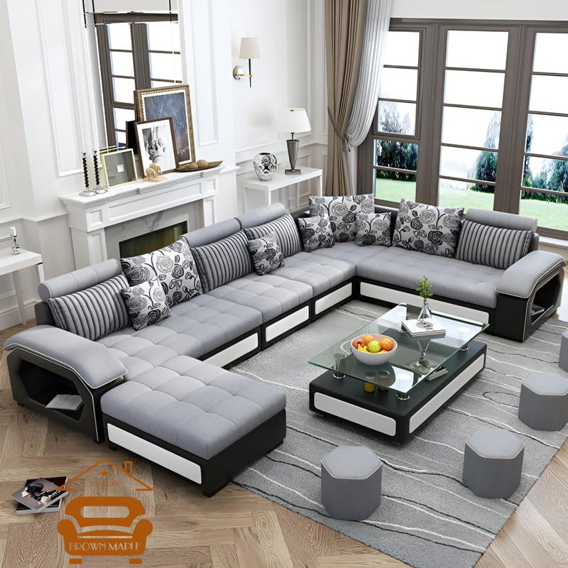 Image of Brown Maple U-Shape Sectional Sofa Set for Home | 10-Seater Fabric Sofa with Tea Table & 4 Puffy | Spacious Seating for 14 Persons | Pre-Assembled, Modern Comfort Design(Grey2)