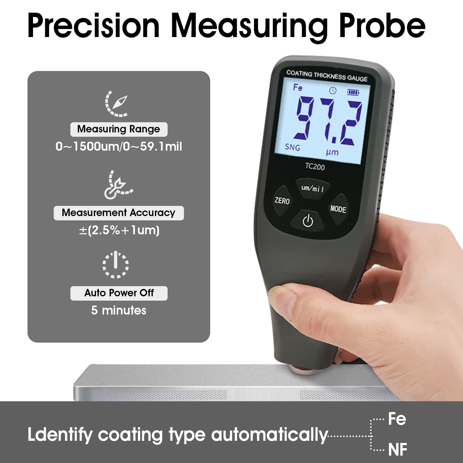 Spessimetro Vernice Digitale per Auto, Sensore Automatico Fe-NF, 0-1500 um