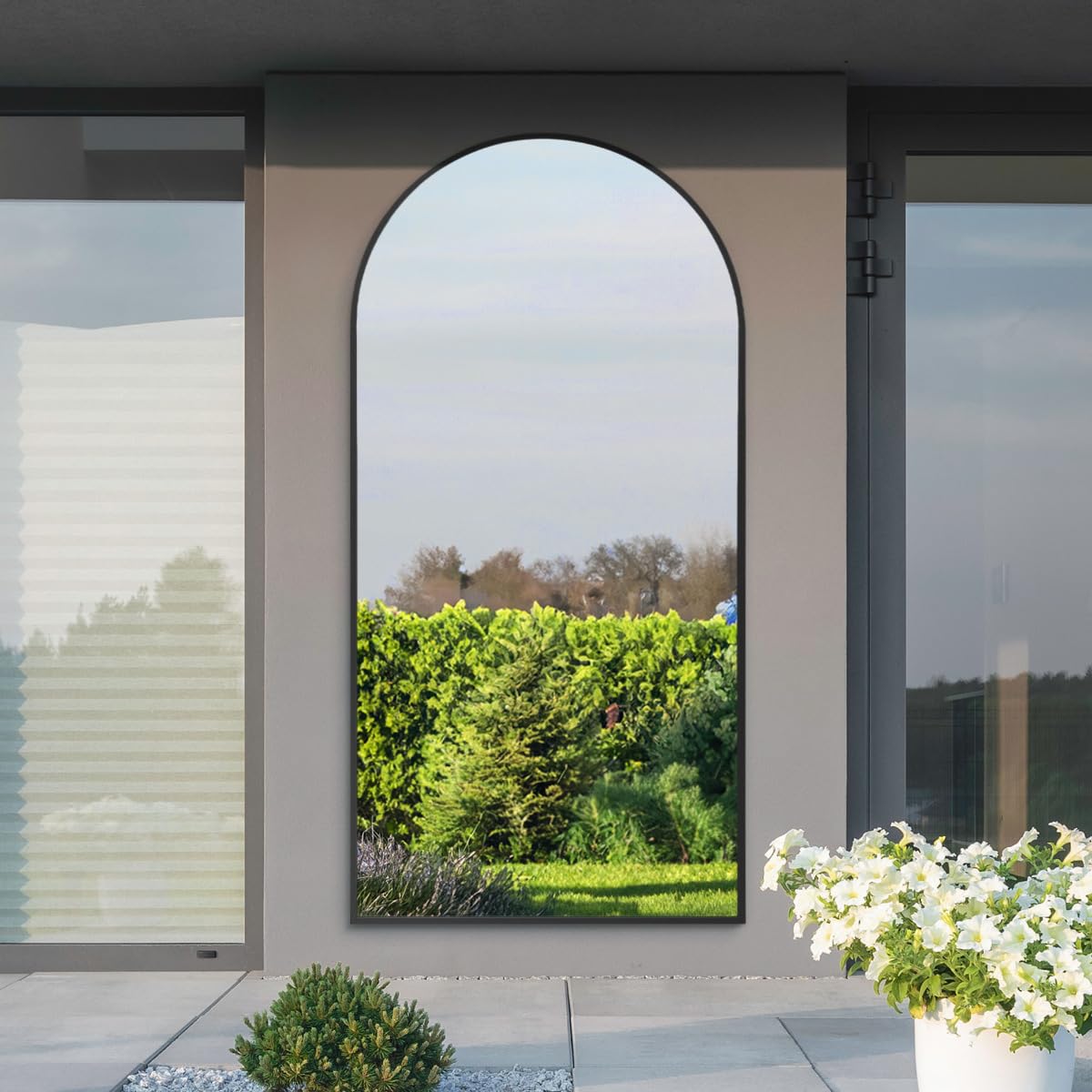 MirrorOutlet The Arcus - Black Framed Modern Full Length Arched Leaner Wall Garden Mirror 79" X 39" (200CM X 100CM) Silver Mirror Glass with Black All weather Backing.