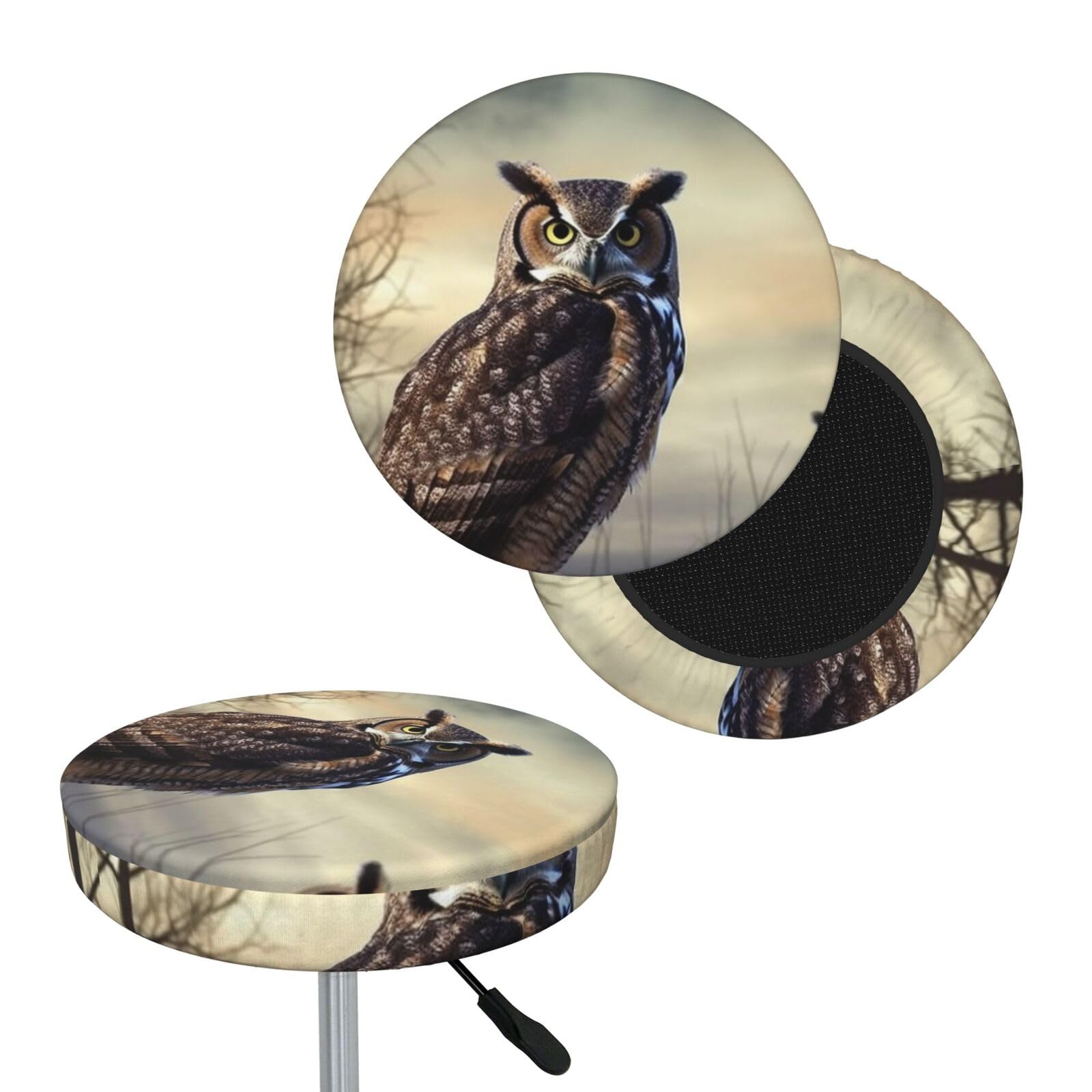 FekiLoot Owl Sitting Tree Fence Round Bar Stool Covers Stretch Washable Bar Stool Covers Dustproof Slipcover Bar Chair Covers with Elastic Band for Bar Kitchen Living Room Decor 14 Inch