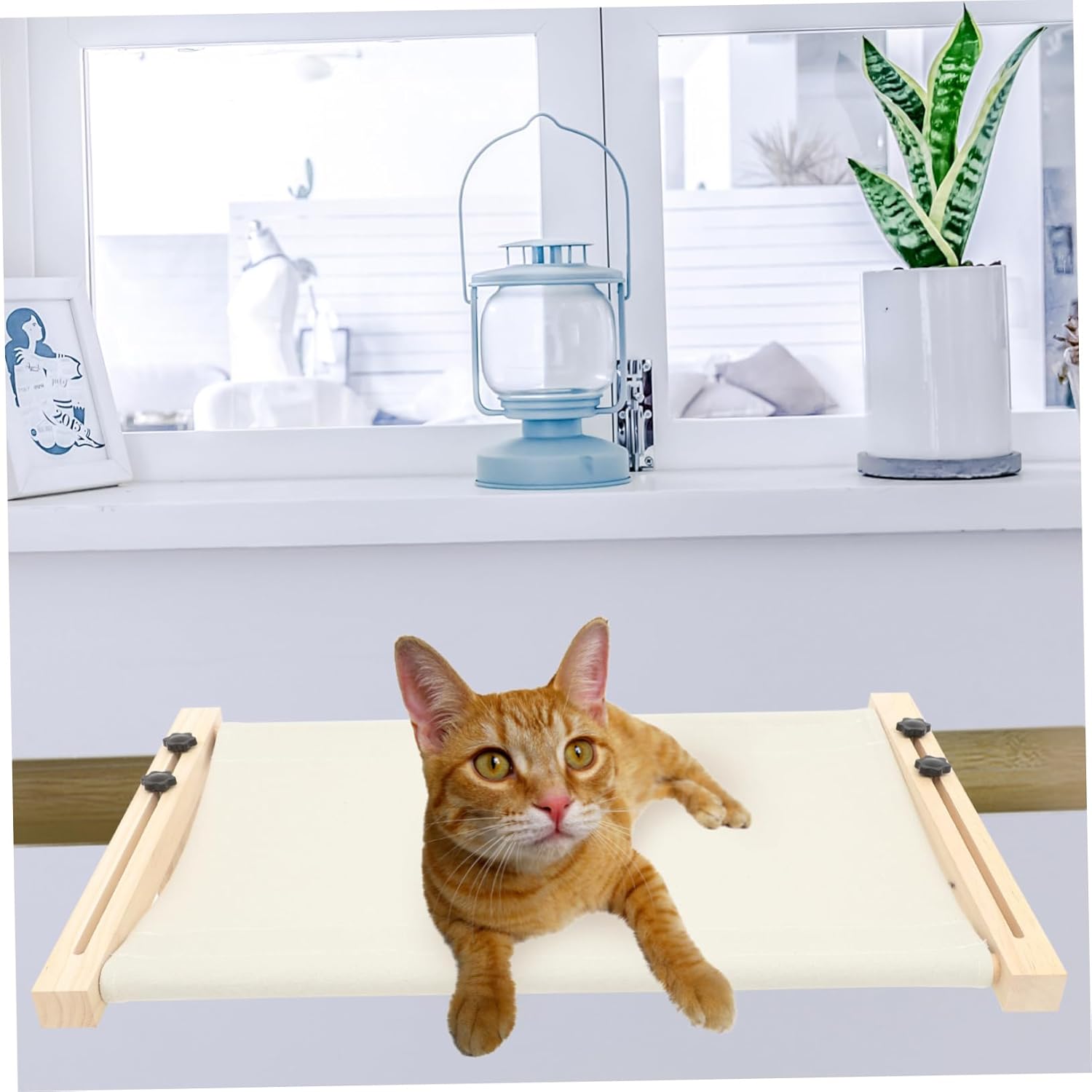 Adjustable Thickened Cat Window Hammock Bed Sturdy No-Suction Design Large Wooden Cat Perch for Indoor Easy to Install Window Shelf