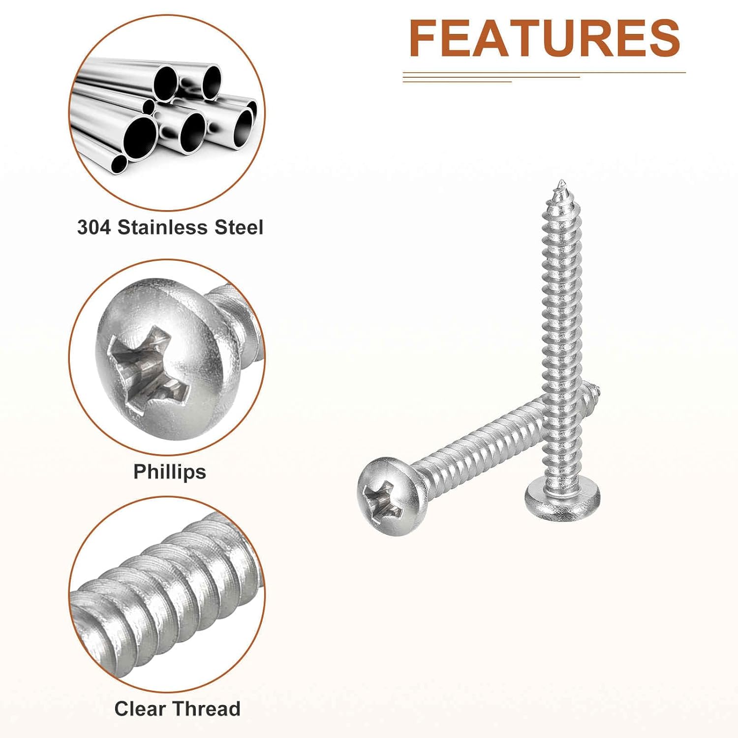 #8x1-1/2 Phillips Pan Head Self-Tapping Screw - 50Pack - Bright Finish 304 Stainless Steel Sheet Metal Screws Wood Screws