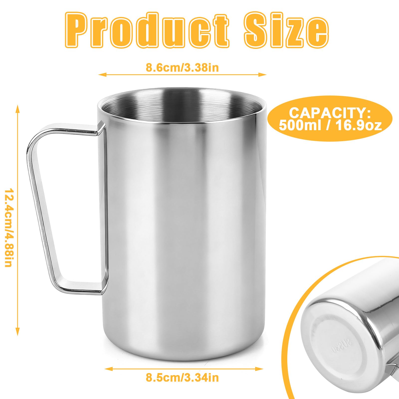 APACALI Edelstahlbecher 3er Set, 500ml / 481.9 g Doppelwandiger Kaffeebecher, Edelstahl Campingbecher, Metall Kaffeetassen mit Griffen für kalte oder heiße Getränke, Silber
