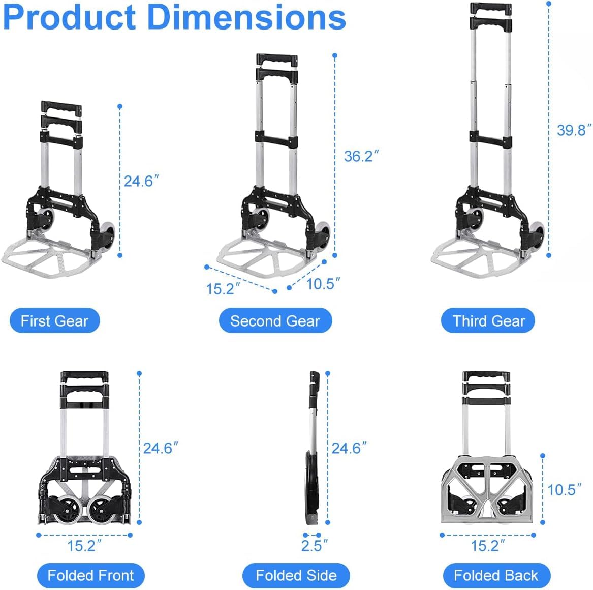 Handkarre klappbare Sackkarre Aluminium Trolley Faltbare Cart mit Teleskopgriff, 2 Gummirädern & Bungee-Seil für Gepäck, Reisen, Auto, Umzug, Airport, Einkaufen und Büro
