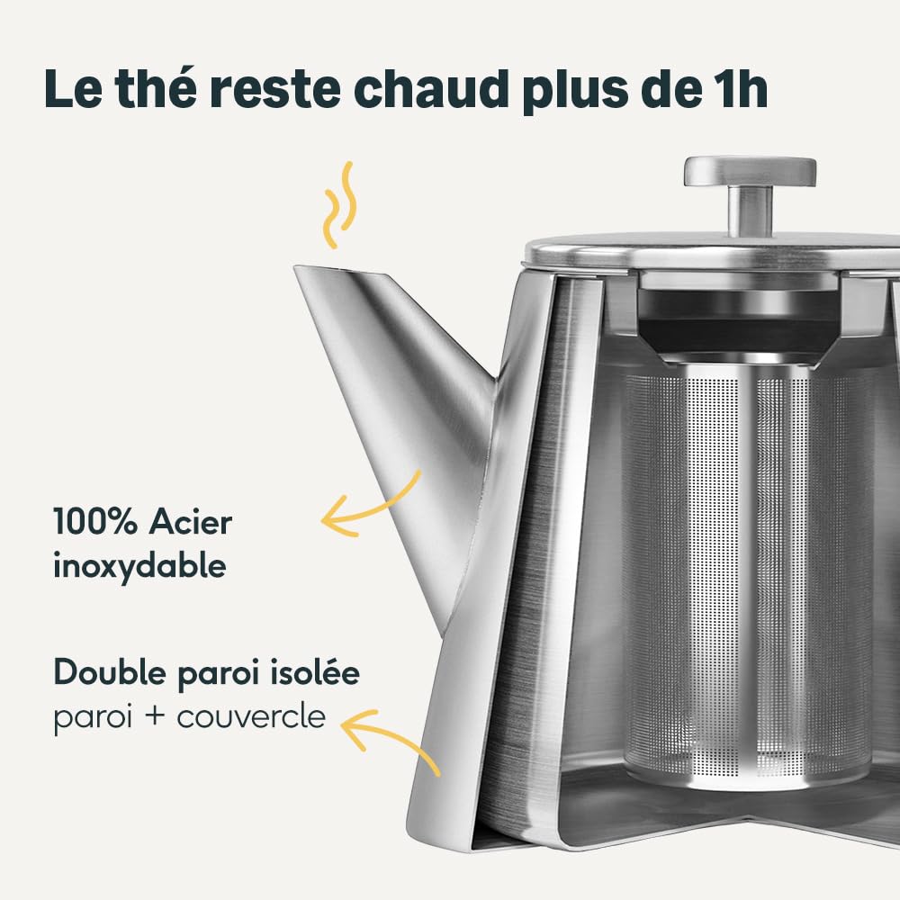 SILBERTHAL Théière en Inox Avec Infuseur Amovible - 1 litre - Garde la Chaleur - 6 à 8 Tasses