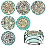 Mandala Coasters Set of 6, Ceramic Round Drink Coasters with Holder Absorbent Drink Coaster Set with Non-slip Cork Base & Ceramic Stone Cup Pad for Cups Mug Wine Glass Home Kitchen & Bar - Green