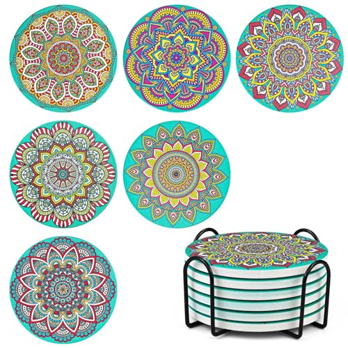Image of Mandala Coasters Set of 6, Ceramic Round Drink Coasters with Holder Absorbent Drink Coaster Set with Non-slip Cork Base & Ceramic Stone Cup Pad for Cups Mug Wine Glass Home Kitchen & Bar - Green