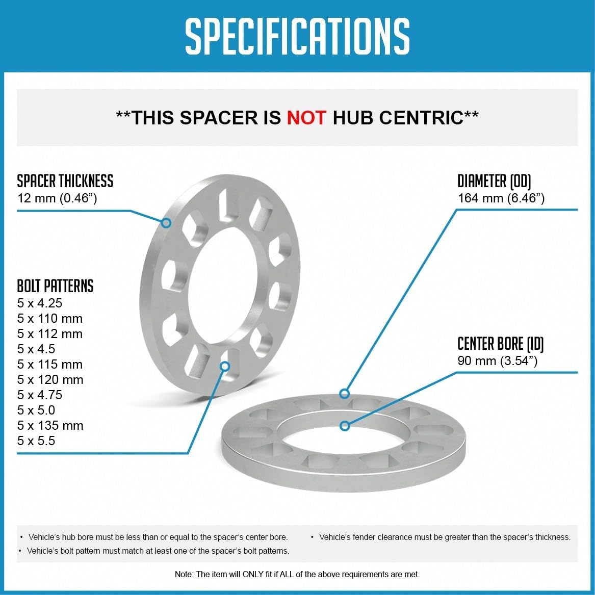 Wheel Accessories Parts 4 Pcs Die Cast Wheel Spacers 12mm 1/2" Thick Fits Bolt Patterns 5x4.25 5x110 5x112 5x4.5 5x115 5x120 5x4.75 5x5.0 5x135mm Fits 5 Lug Pass Cars Light Trucks - Image 5
