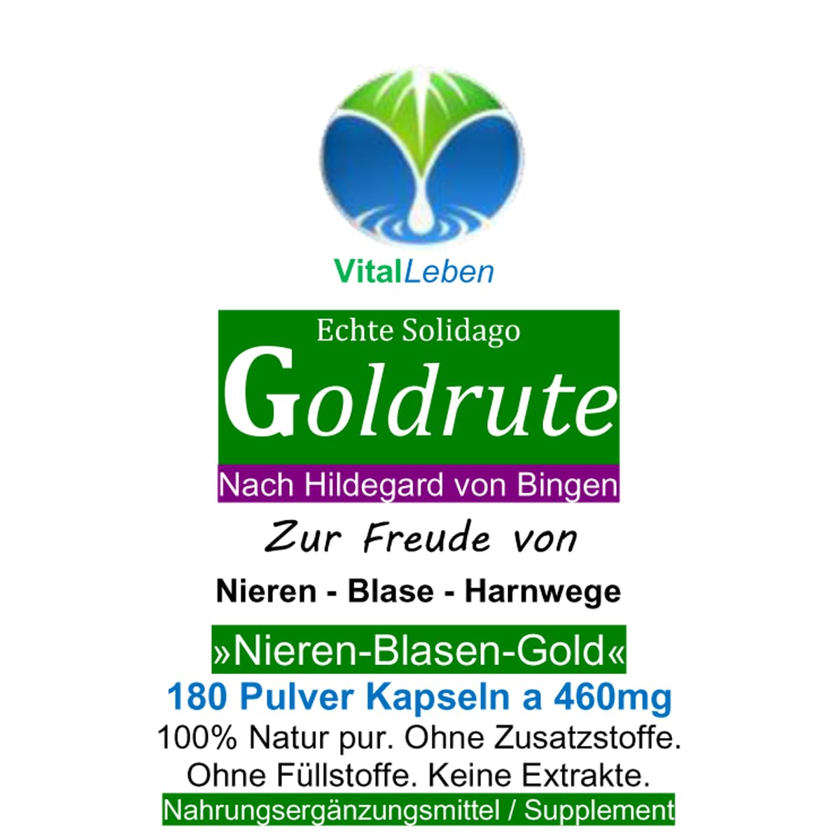 Echte GOLDRUTE Solidago Goldrutenkraut 180 Kapseln NIEREN - BLASE - HARNWEGE - NATUR pur [OHNE ZUSATZSTOFFE] 26935-180