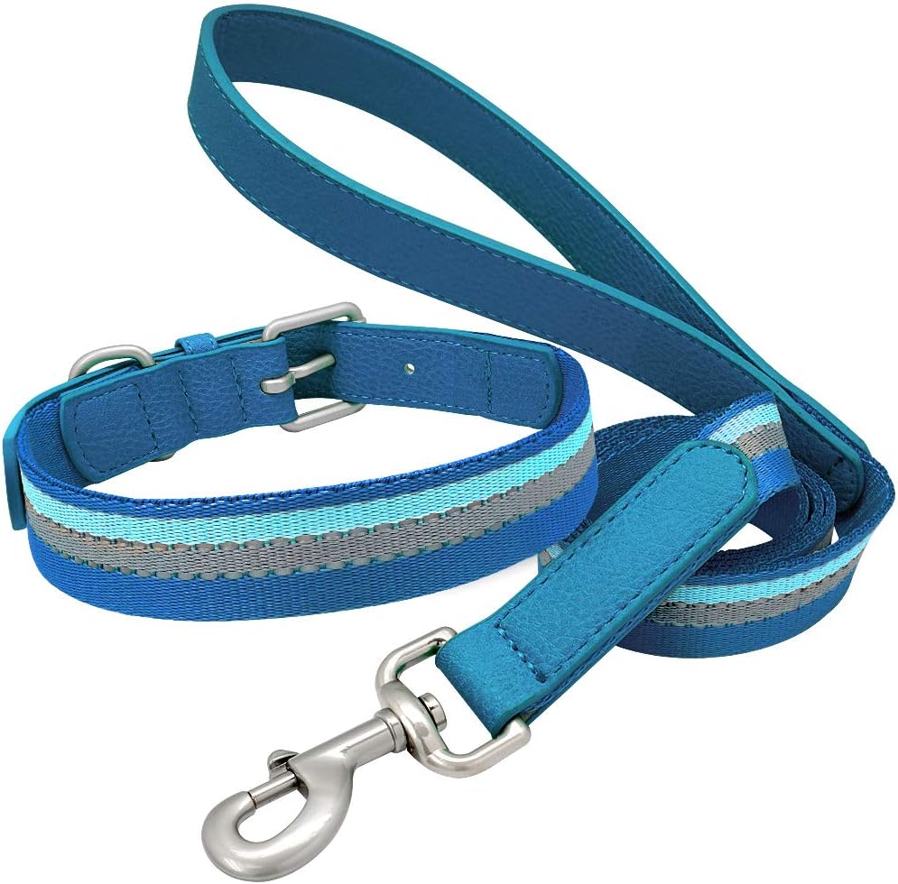 SOCHII Nylon Dog Collar and Leash Set Adjustable Reflective Strip Dog Collars and Pet Walking Lead Leash for Small Medium Dogs Pitbull Blue M