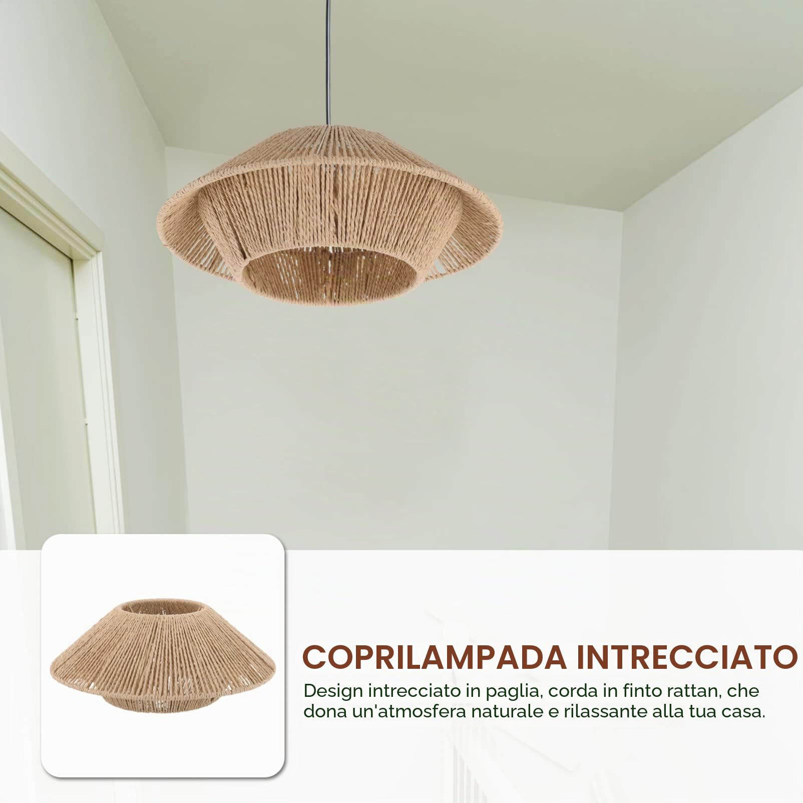 Uonlytech Paralume Lampada a Soffitto Intrecciato in Rattan Plafoniera Retro Paralume Cordato Per Lampade E27 Decorazione Interni Casa Soggiorno