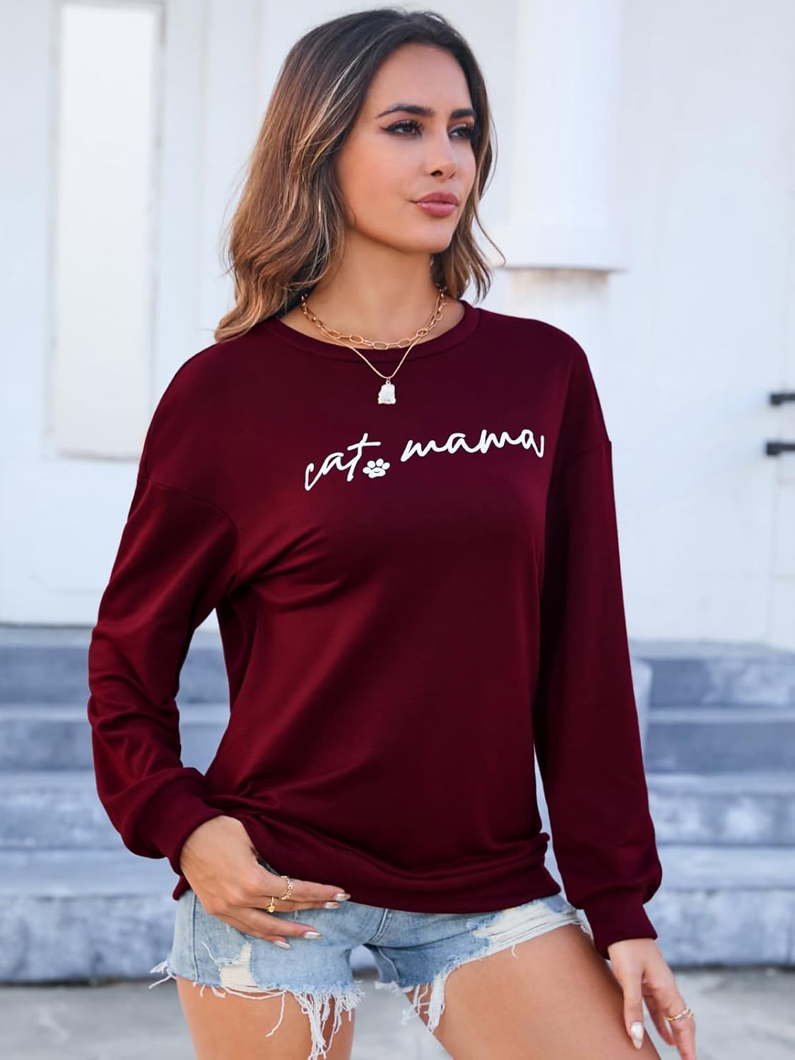 Women's Crewneck Sweatshirts Loose Fit Cat Mom Long Sleeve Shirts Funny Fall Pullover Sweatshirt Blouse - Image 3