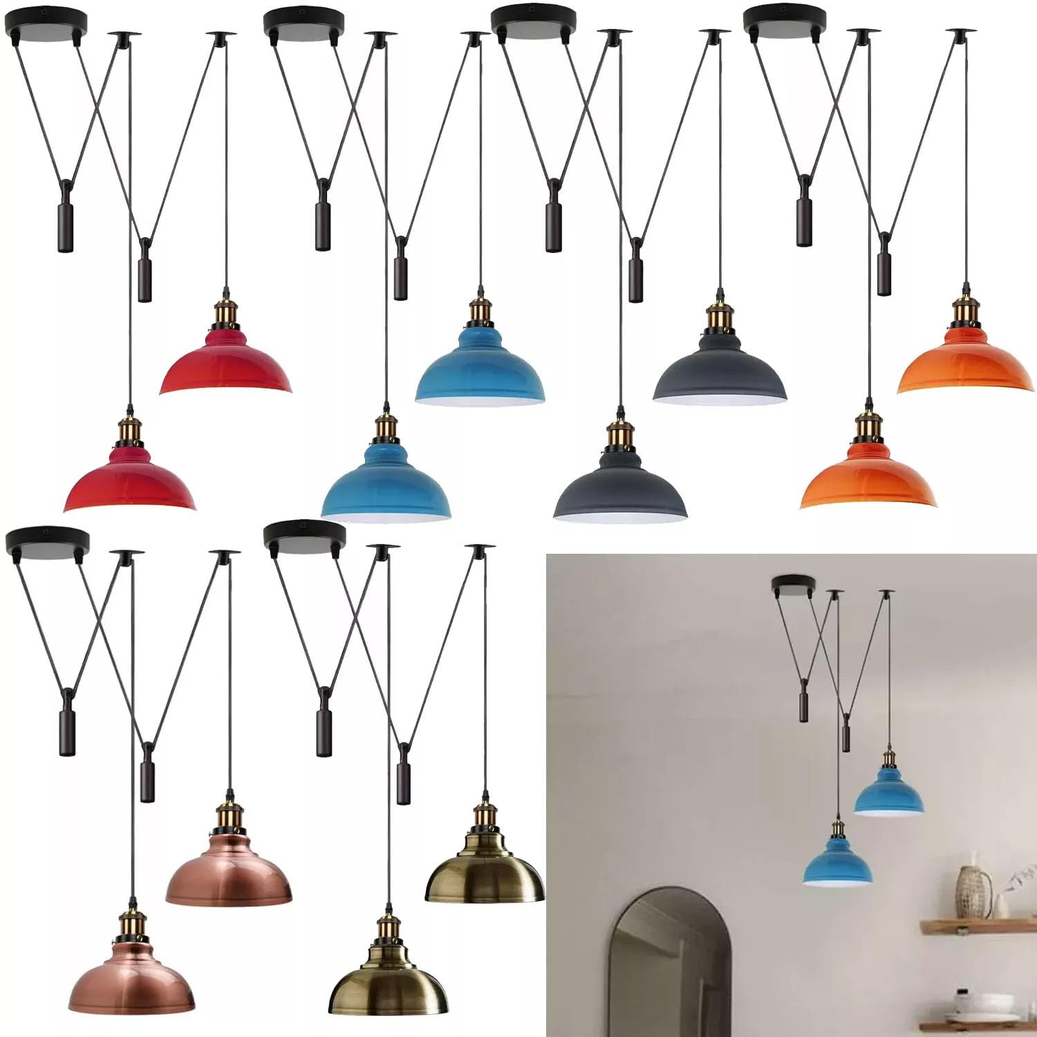 LEDSone Lampada a sospensione a forma di ragno a 2 teste, paralume in metallo da 29 cm, cavo regolabile da 195 cm, lampadina Edison vintage da 60 W E27 (Ottone giallo)