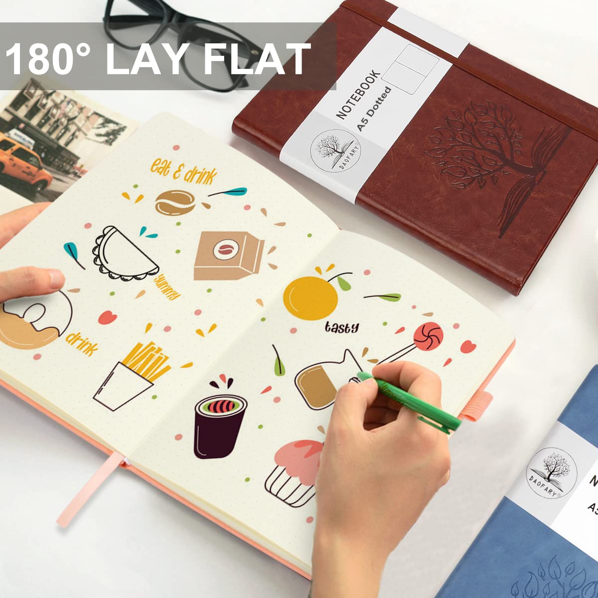 Daofary Gepunktetes Tagebuch-Notizbuch mit Stifthalter, A5 Punktraster Notizbuch mit 160 Seiten, 100 g/m² dickes Papier, Hardcover gepunktetes Tagebuch mit Tasche, 21,3 x 14,5 cm (Rosa)