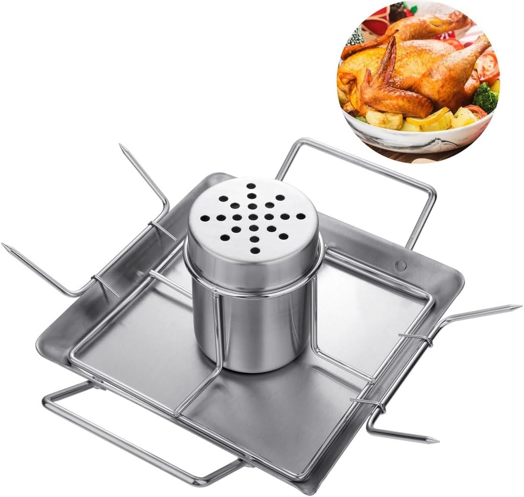 Stainless Steel Beer Can Chicken Roasting Set, Turkey Rack & Drip Pan for BBQ, Smoker & Oven