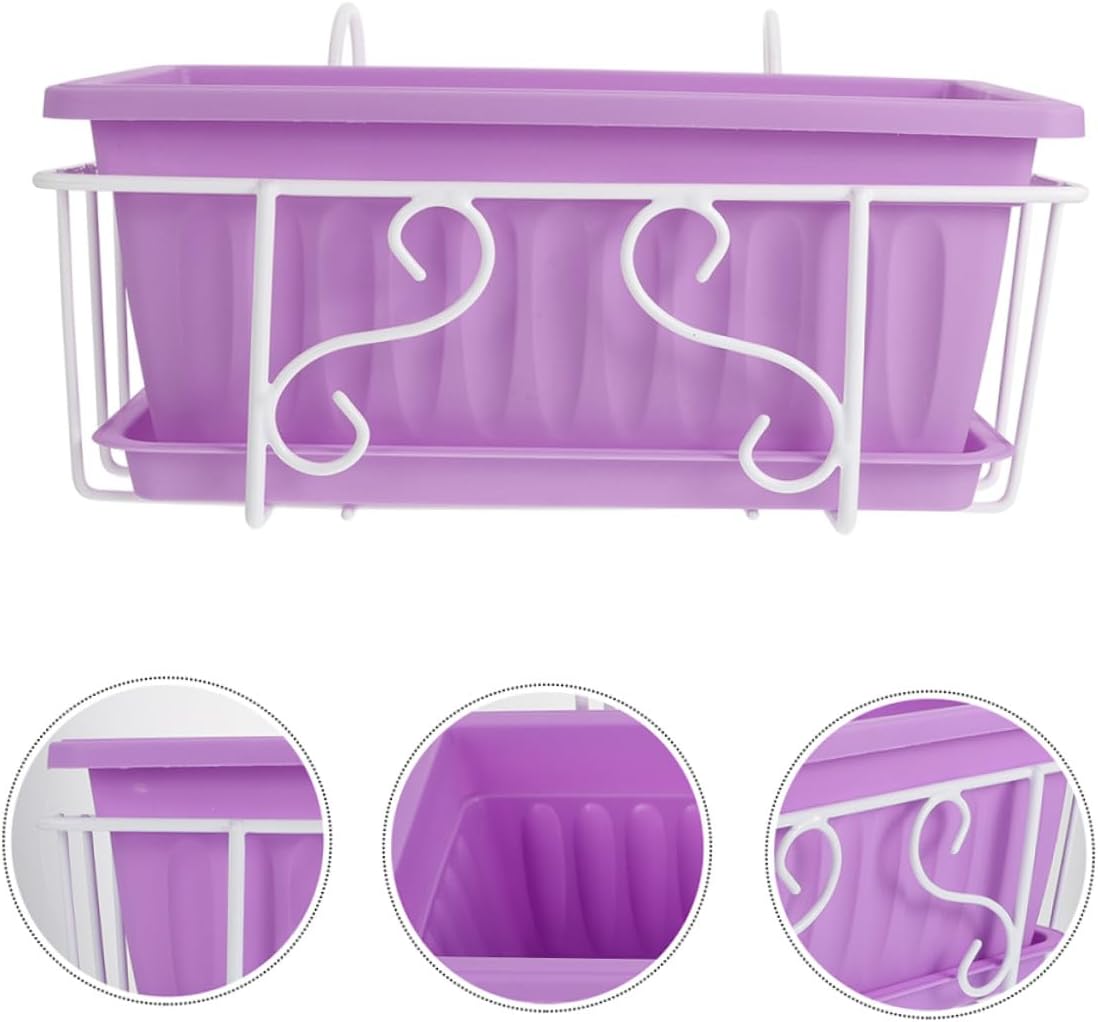 Rectangular Hanging Flower Pot with White Iron Bracket and Tray, Medium Vegetable Growing Planter Box for Outdoor Balcony Garden, Purple Plant Container for Vegetable and Flower