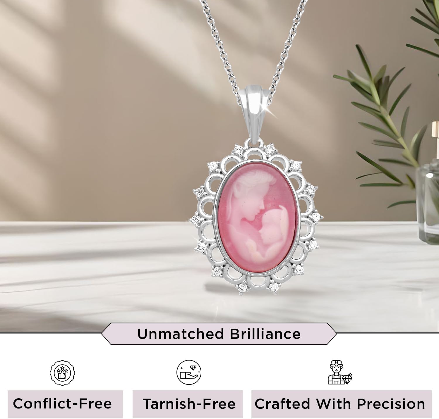 Jewelili Sterling Silver Mother & Child Pendant Necklace for Women | 14x10 MM Oval Pink Cameo & 1.25 MM Round Created White Sapphire | 18" Rolo Chain | Fine Jewelry with Gift Box
