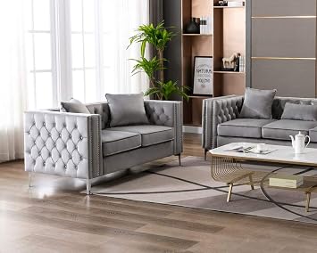 LORRETO 63" Gray Velvet Loveseat Sofa with Nailhead Trim, Button Tufted, Chrome Legs & 2 Pillows