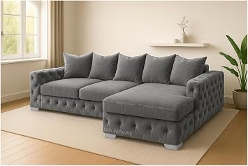 Sofaya Plush Chesterfield Corner Sofa with Left or Right Hand Option - L Shaped Sofa with Deep Tufted Buttons   Chaise Sofa Couch with Scatter Cushions for Living Room Grey, Right Hand Chaise