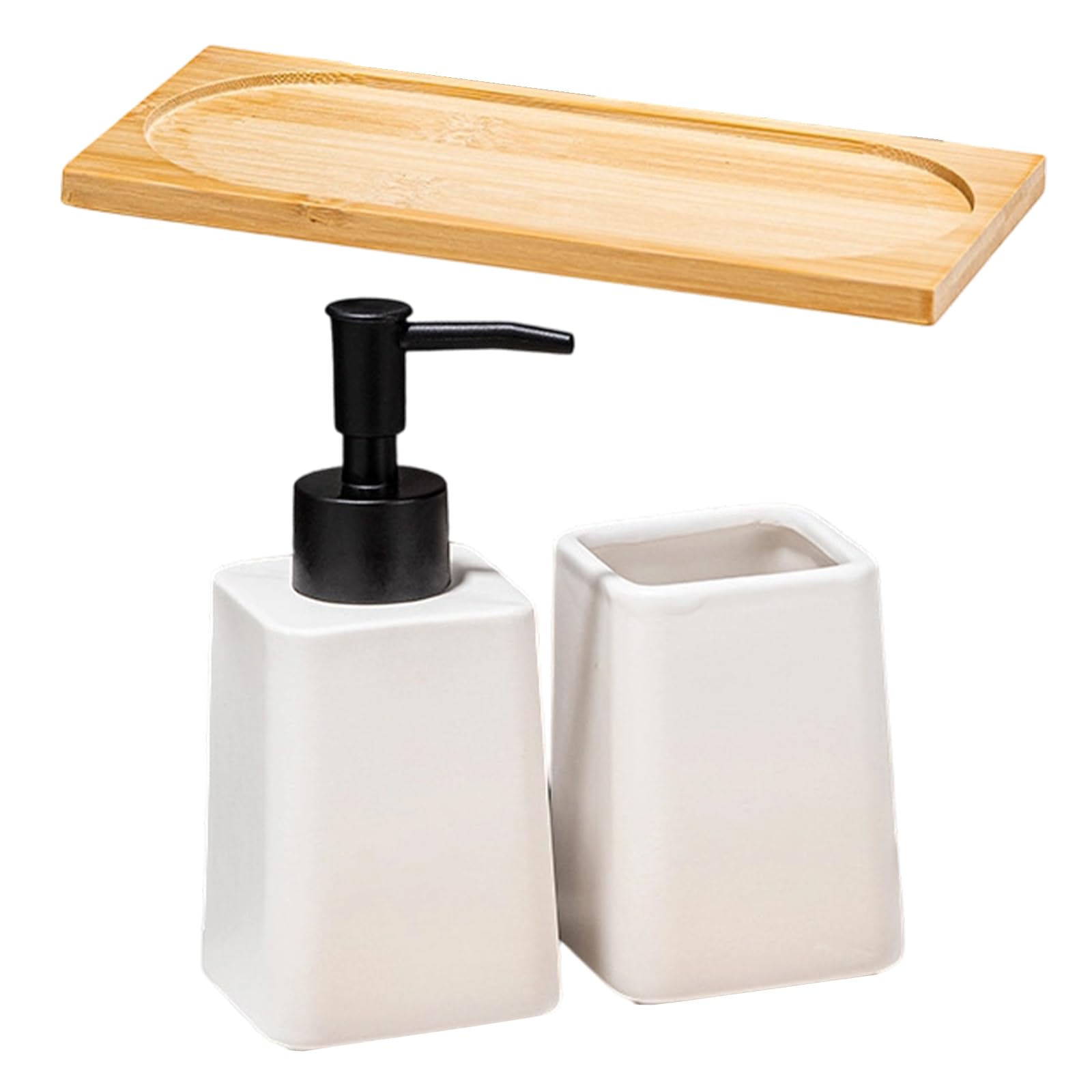 NEWFT Of 3 Ceramic Liquid Soap Dispenser with Storage Tray Toothbrush Holder for Household Bathroom Organizing Essential Countertop Organizers