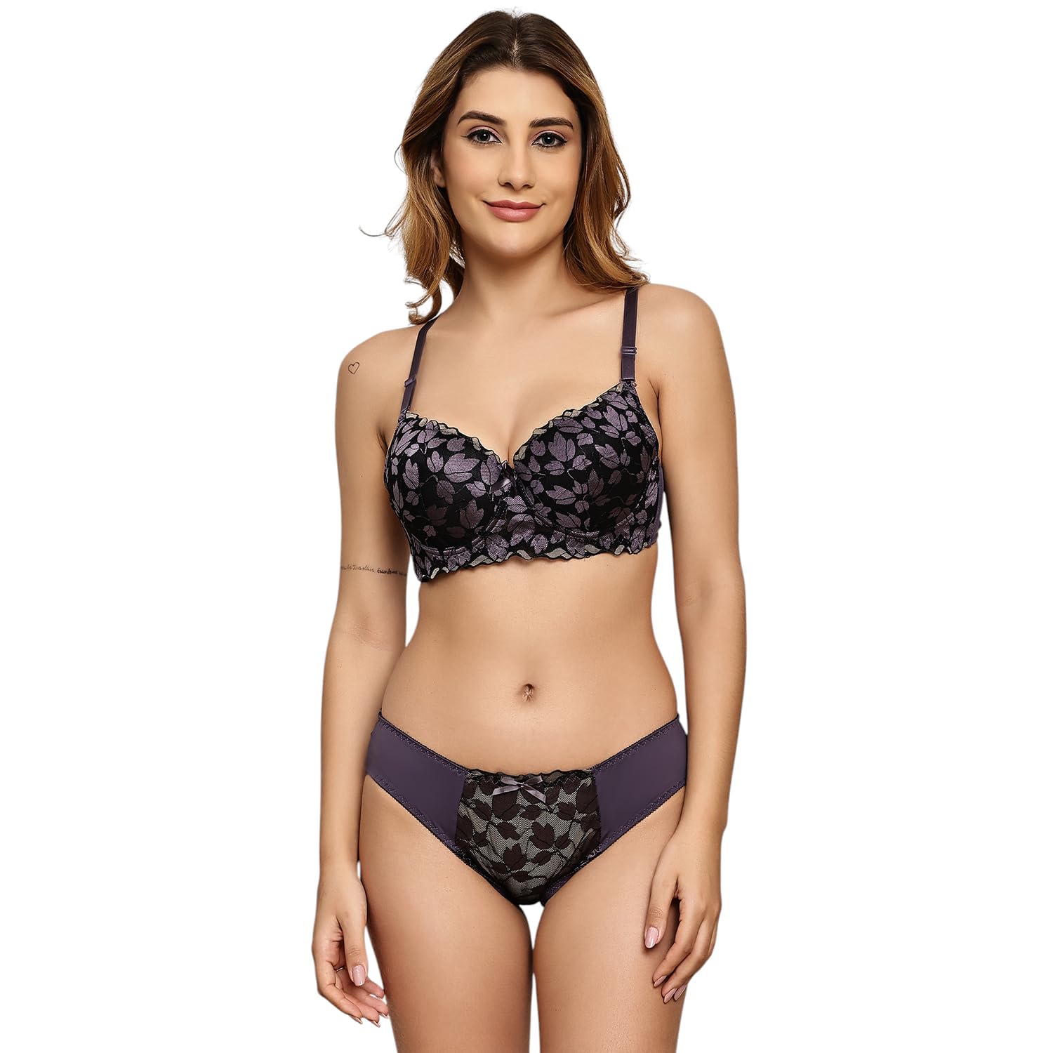 quttos Lightly Padded Underwire T-Shirt Bra Panty Set with Floral Lace-picture-0