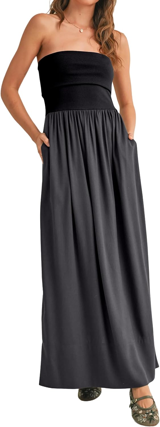 MISSACTIVER Womens Summer Drop Waist Flowy Patchwork Strapless Maxi Tube Dress Off Shoulder Casual Bandeau Tank Dress