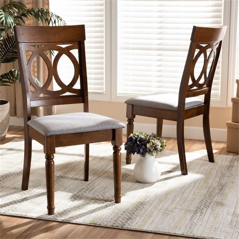 BOWERY HILL 2-Piece Upholstered Dining Chair Set, Solid Oak Wood, Walnut Brown Finish, Grey Polyester Fabric Upholstery, Foam Padded Seat, Cut-Out Back Design, Turned Legs, 38.6" High for Dining Room