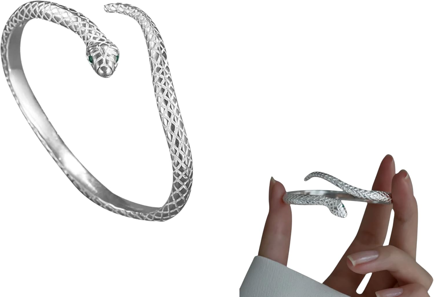 Yeahgoshopping Sterling Silver Snake Bangle Bracelet with Green Eyes, 925 Silver Women's Fashion Jewelry Charm for Birthday Party Gift - One Size Fits Most - Image 2