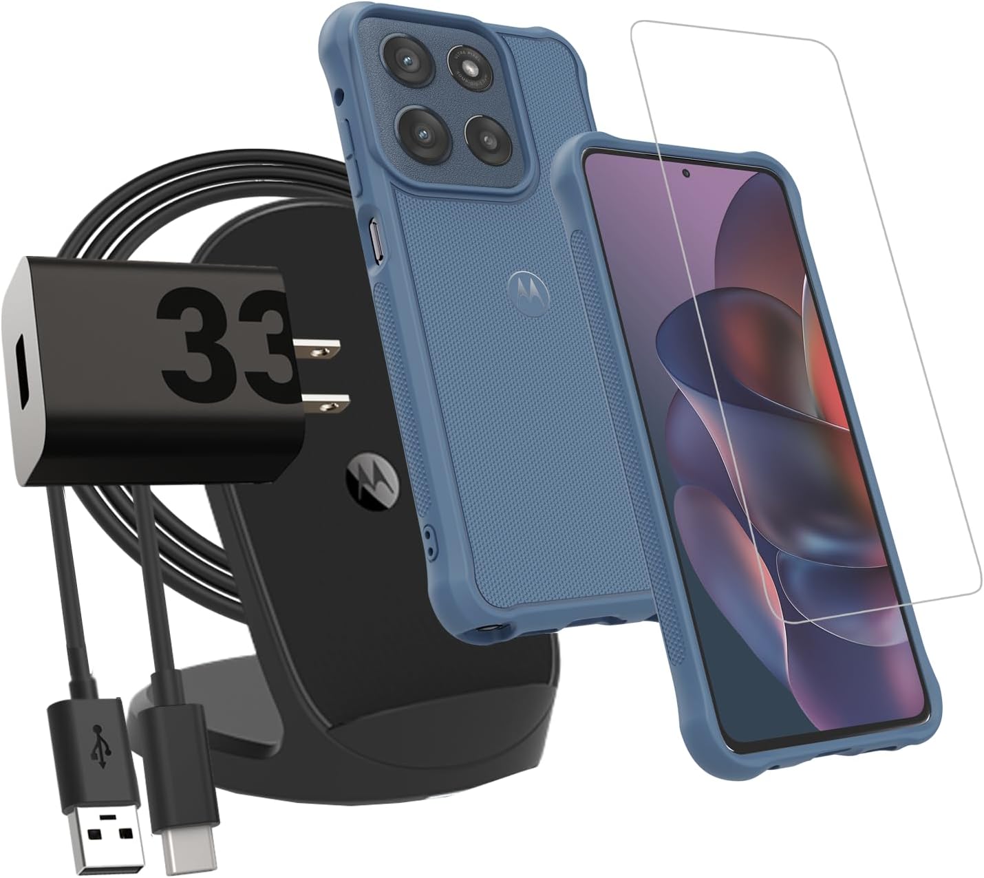 Motorola Moto G Stylus (2025) Rugged Protective Case (Dusk Blue) + 9H Tempered Glass Screen Protector + TurboPower Wireless Stand + 33W Charger