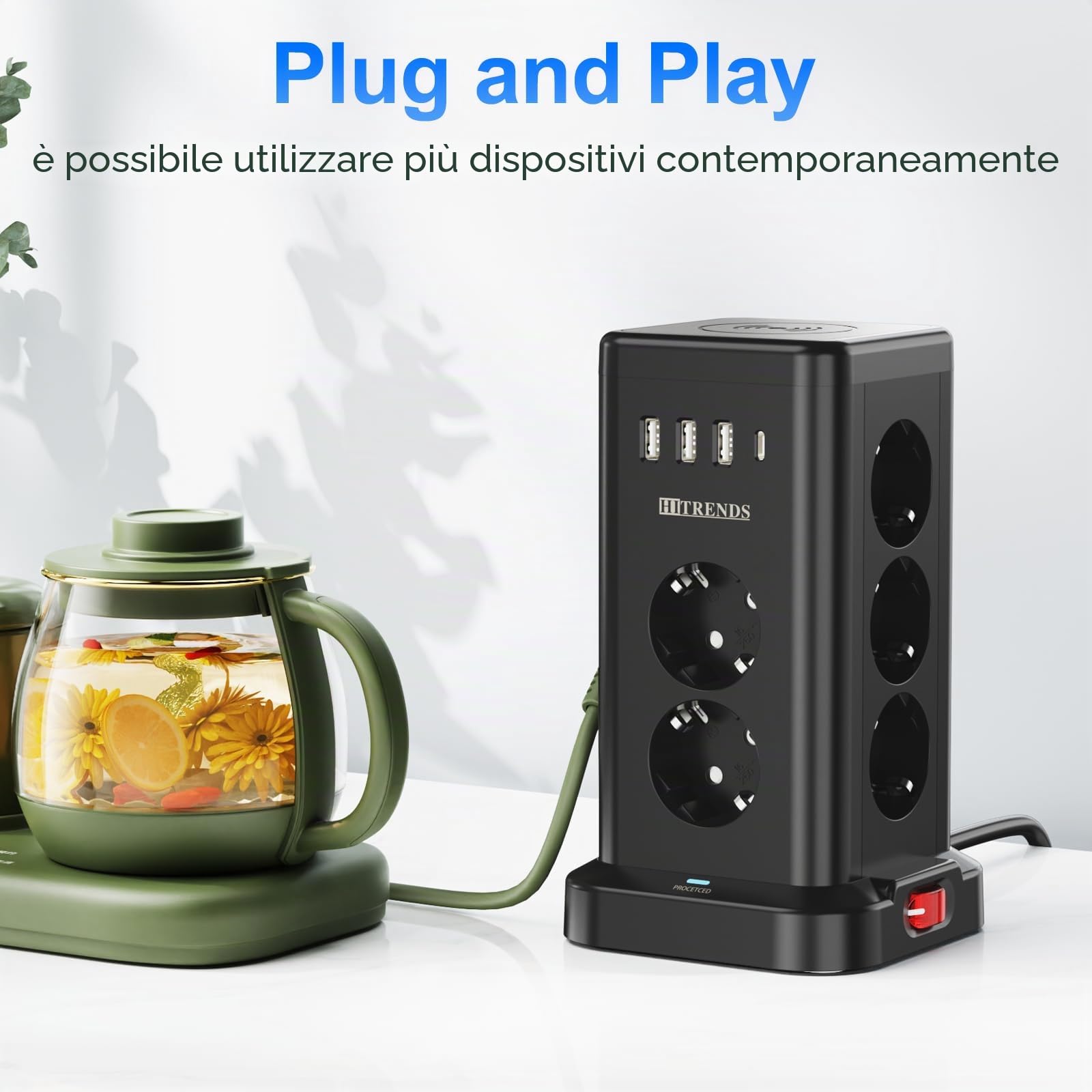 Ciabatta elettrica con USB, 11 prese, con caricatore wireless, torre con stazione di ricarica induttiva, cavo da 2 m, protezione da sovratensione