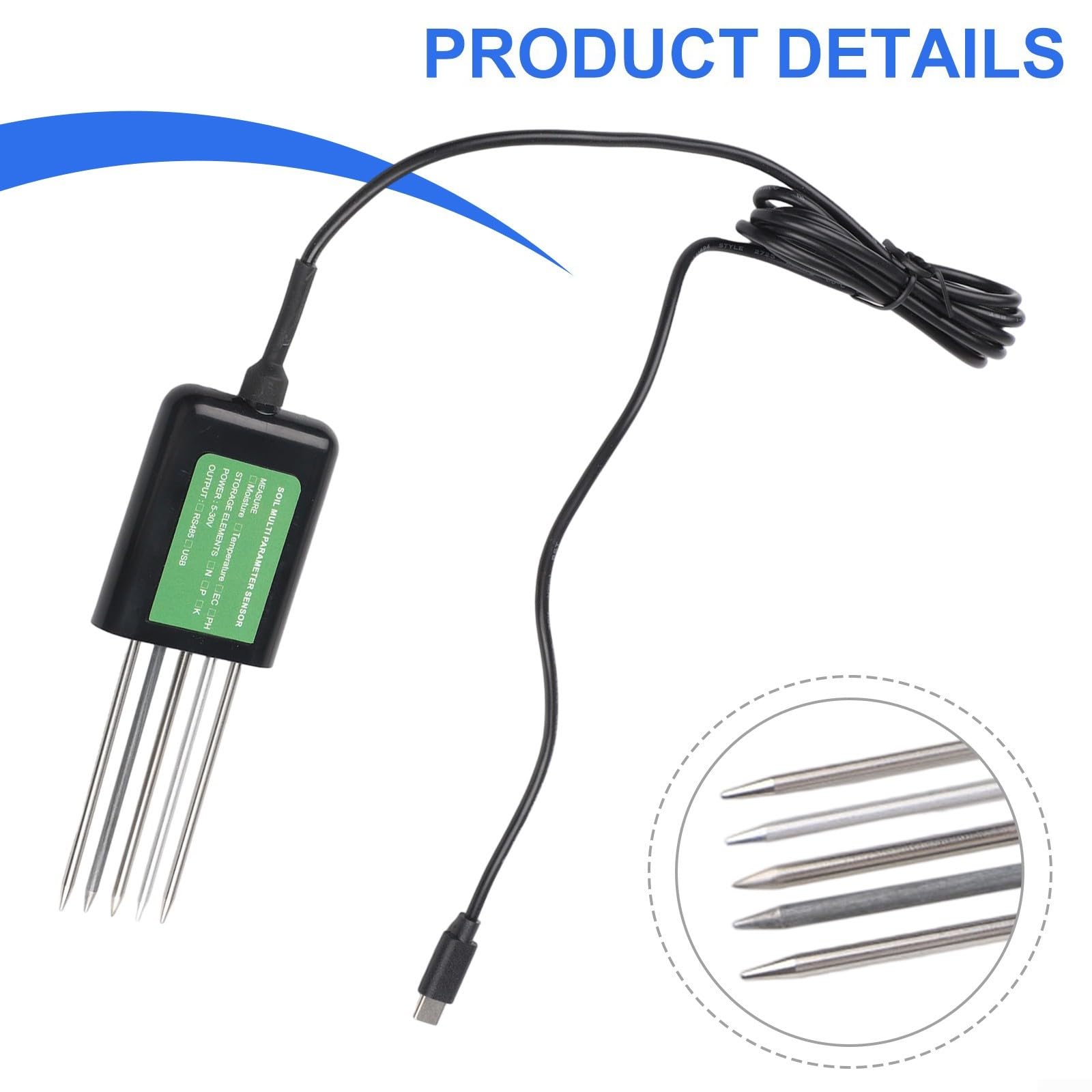 Sensore del suolo USB 7 in 1 Tester per PH Temperatura Umidità Misura Nutrienti IP68 Impermeabile Sonda Interfaccia USB Compatibile con Android App per