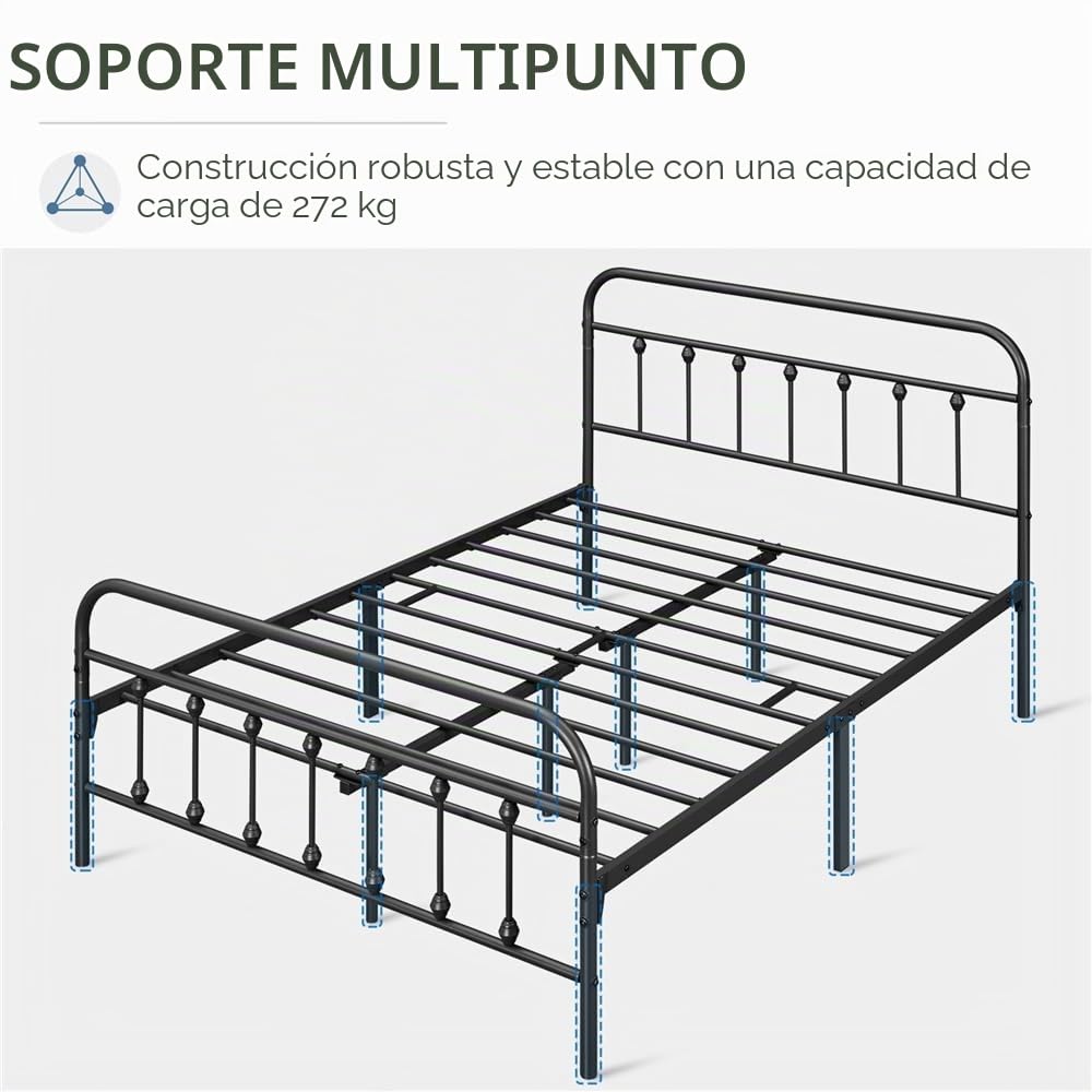 Yaheetech - Cama Individual Doble de Metal, Montaje Simple para Espacios pequeños Adultos, 140 x 200 cm, Color Negro