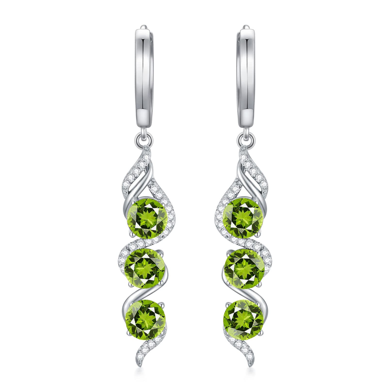 AlthumGenuine Natural Gemstone Earrings 925 Sterling Silver 3-Stone Round Cut Birthstone Dangle Drop Earrings Fine Jewelry Gifts for Women