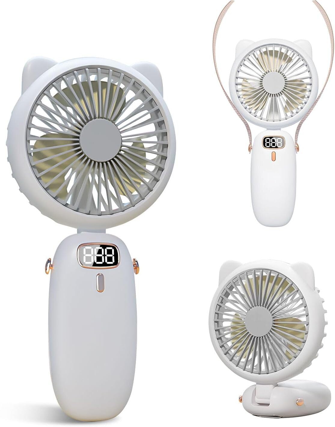 ECOSKY CUTE CAT EAR FAN WITH DISPLAY,HANGING BAND AND USB CHARGER Handheld Fan, Hand Fan, Powerful USB Rechargeable Fan with 4 Speeds LED Display USB Fan (WHITE)-image-20