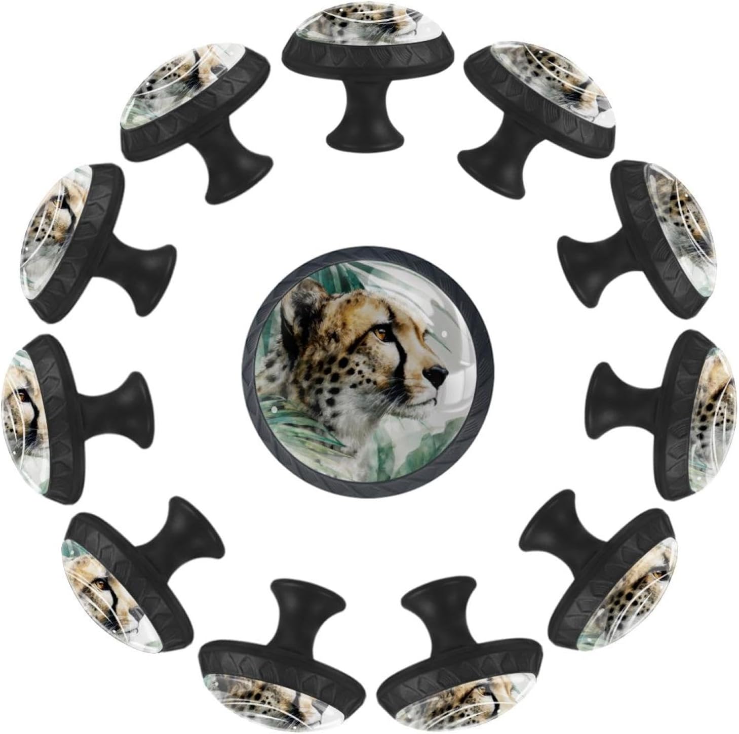 Black Cheetah and Palm Leaves (20) Glass Drawer Pulls, Decorative Knobs for Cabinet Dresser Wardrobe Wooden Furniture