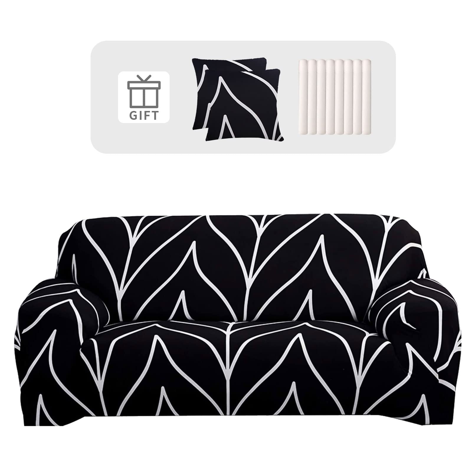Lydevo Copridivano Elasticizzato 4 Posti Fodere Copri Divano con Braccioli con 2 Copricuscini Moderno Copridivano Fantasia Universale Antiscivolo Lavabile Divano Protector,Linea Nera