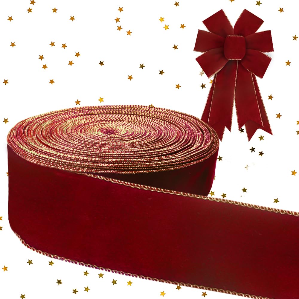 Threetols 91,4 m rotes Samtband mit Drahtrand, 6,3 cm, rotes Samtband, vergoldete Kanten, Juteband für Valentinstag, Geburtstag, Party, Verpackung, DIY, Handwerk, Dekoration, Kränze, Schleife