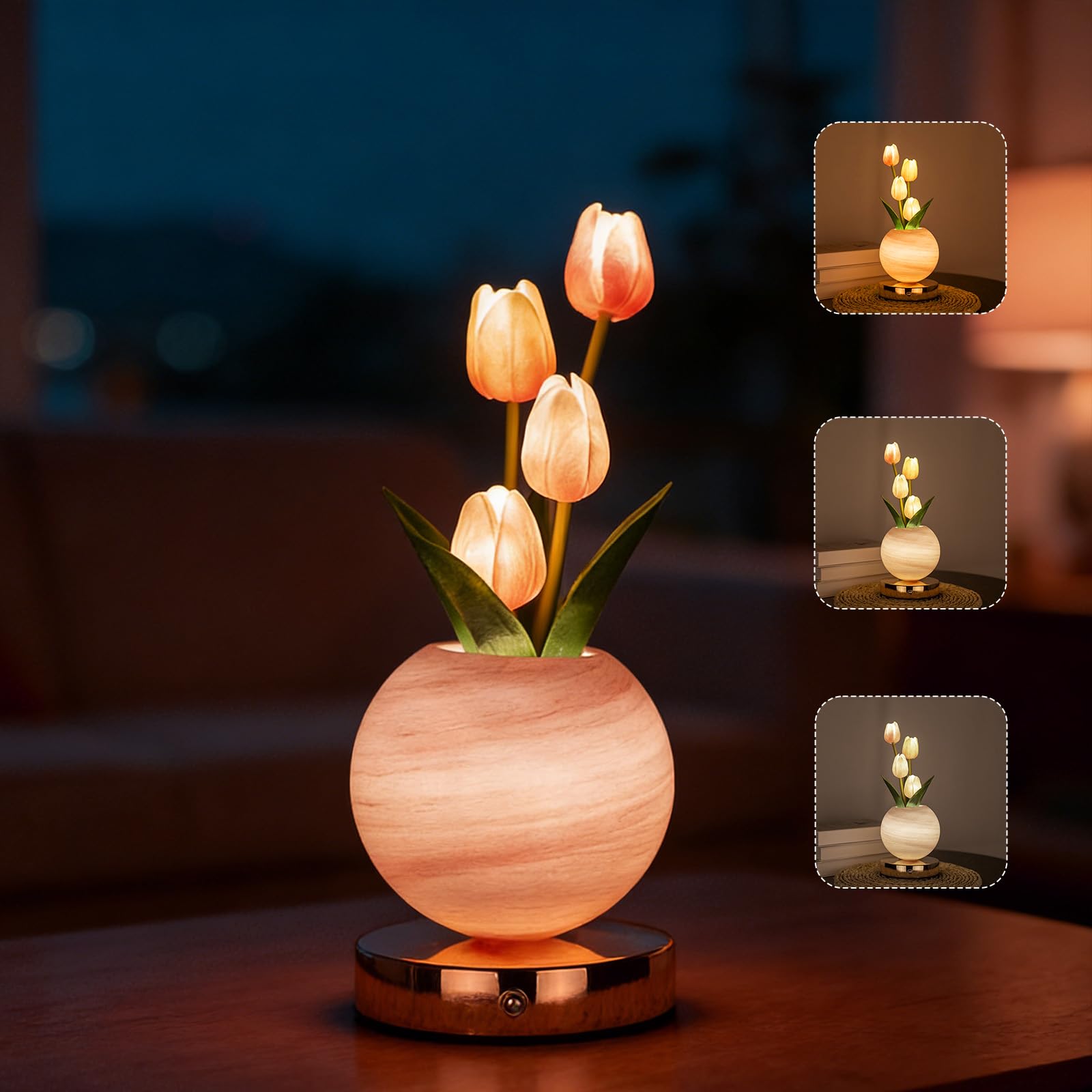AVEKI Tulip Table Lamp,3 Color Dimmable Touch Crystal Vase Bedside Light,Rechargeable Cordless Artificial Tulips Flowers Desk Lamp Decor for Date Party Home,Romantic Gift for Woman Mom (Tulips-Pink)