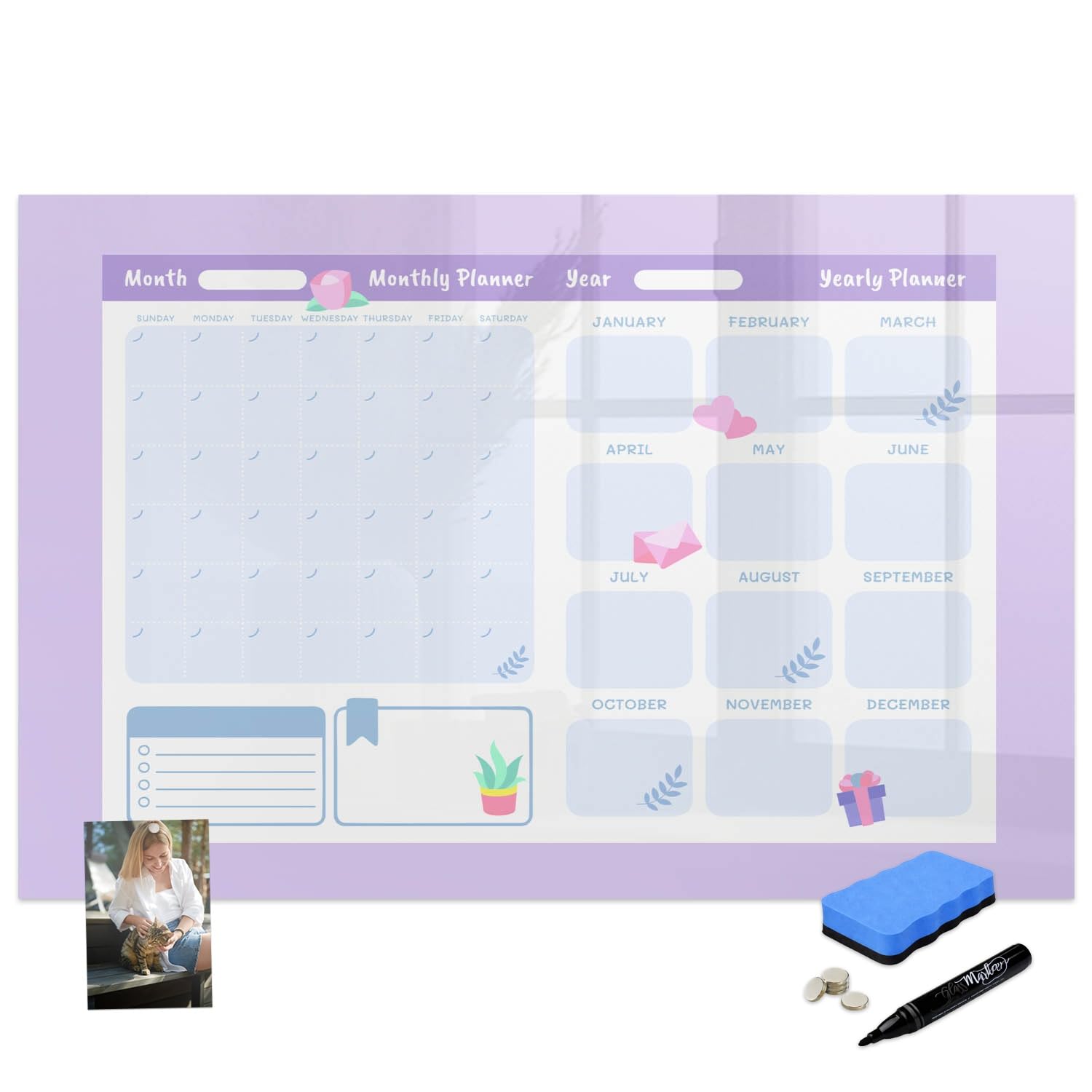 Premium Glas-Magnettafel 100x70 cm Rosa Jahresplaner Schwarzer Stift