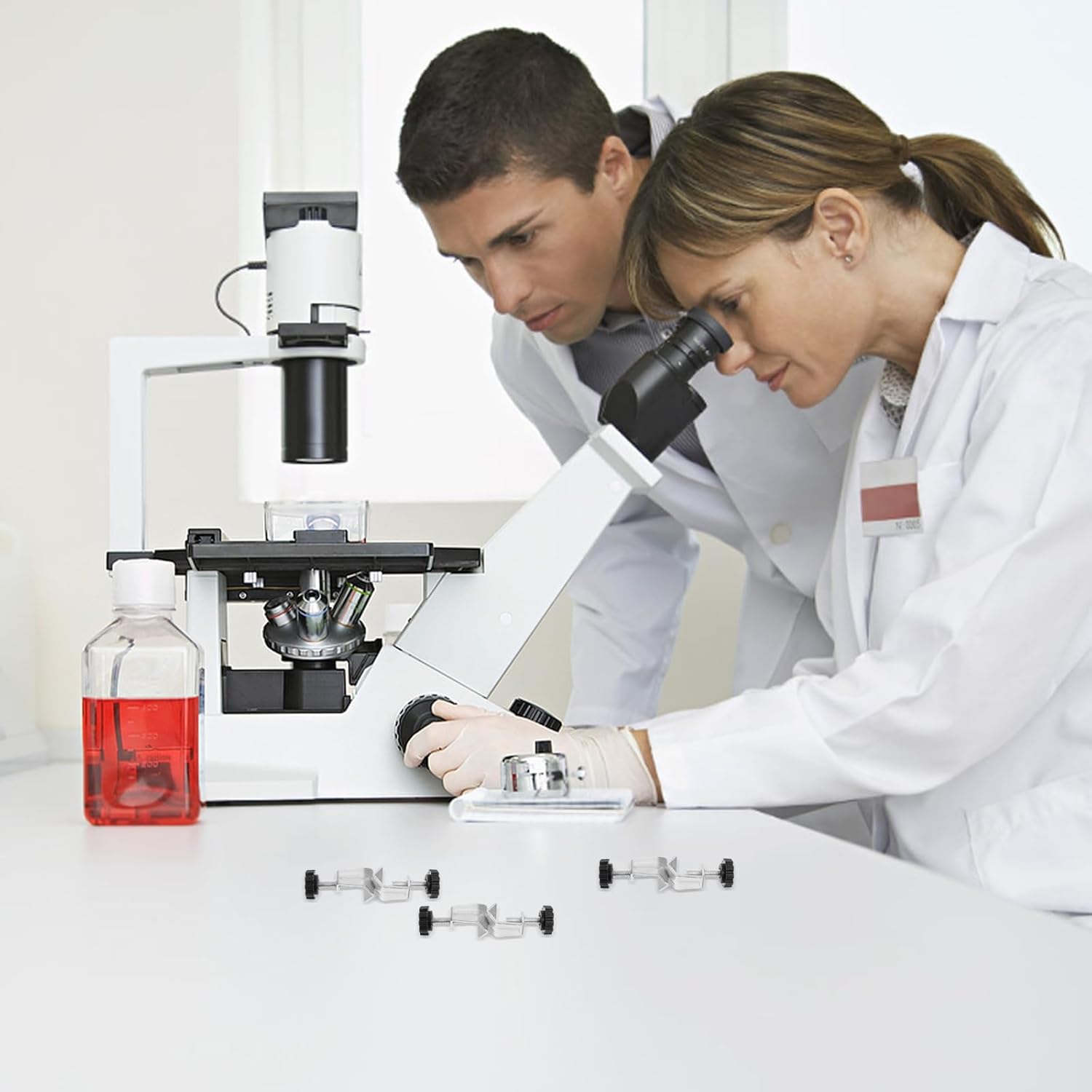 3pcs Heavy Duty Iron Laboratory Stand Clamp with Dual Screw Bosshead, Adjustable Lab Rod Holder for Scientific Equipment and Glassware Support