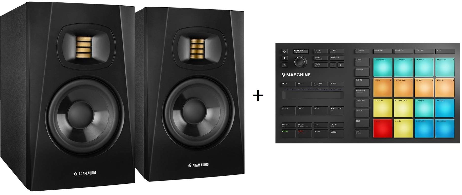 PRODUCER BUNDLE kit composto da due monitor nearfield bi-amplificati da 5" ADAM T5v e dal pad controller MASCHINE MIKRO MK3 di native instruments