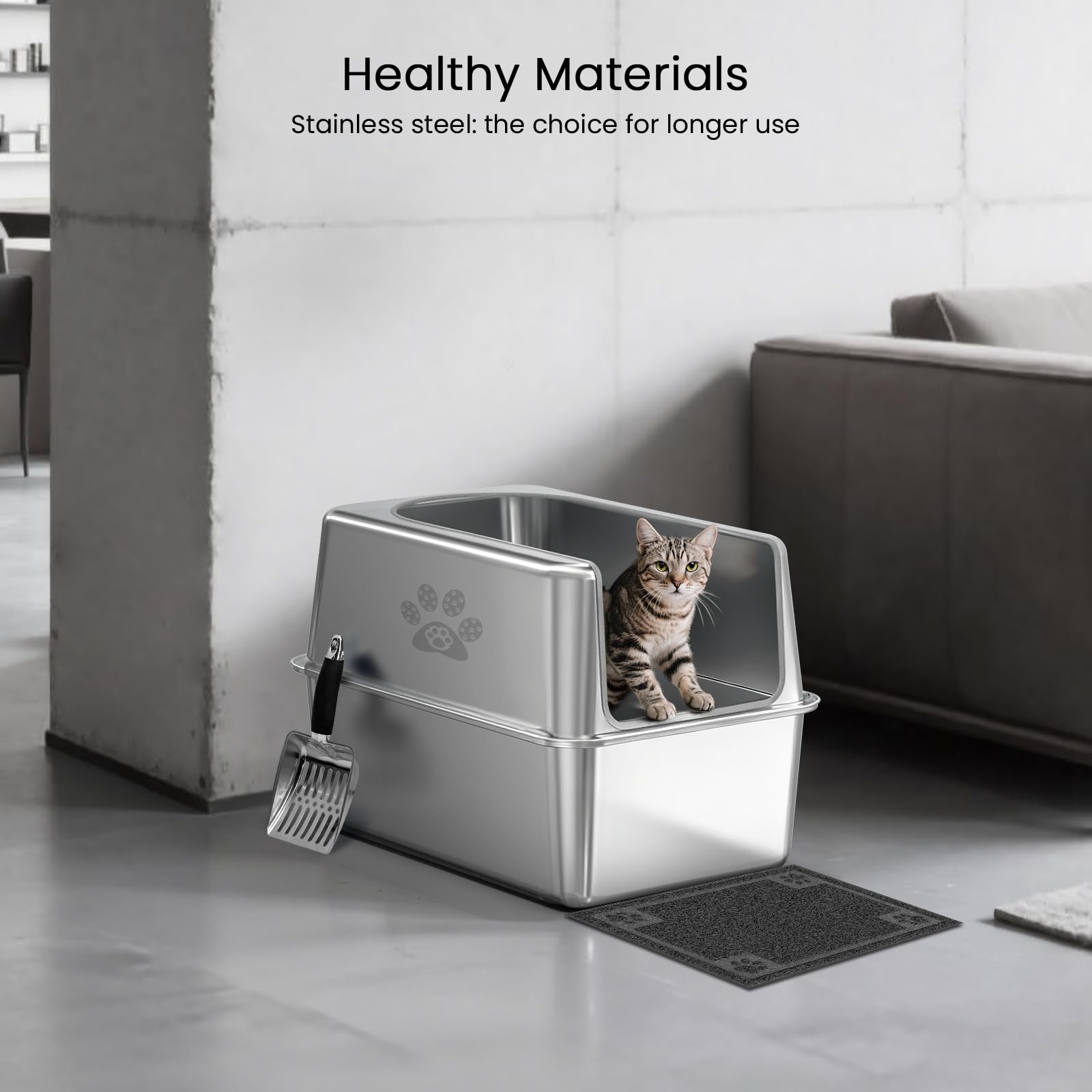 Enclosed Stainless Steel Cat Litter Box with Lid, XL Leak-Proof Metal Litter Box for Big Cats, Extra Large Cat Toilet with High Side, Press-Fit Design, Non-Stick, Odor-Free, with Litter Mat & Scoop - image 3
