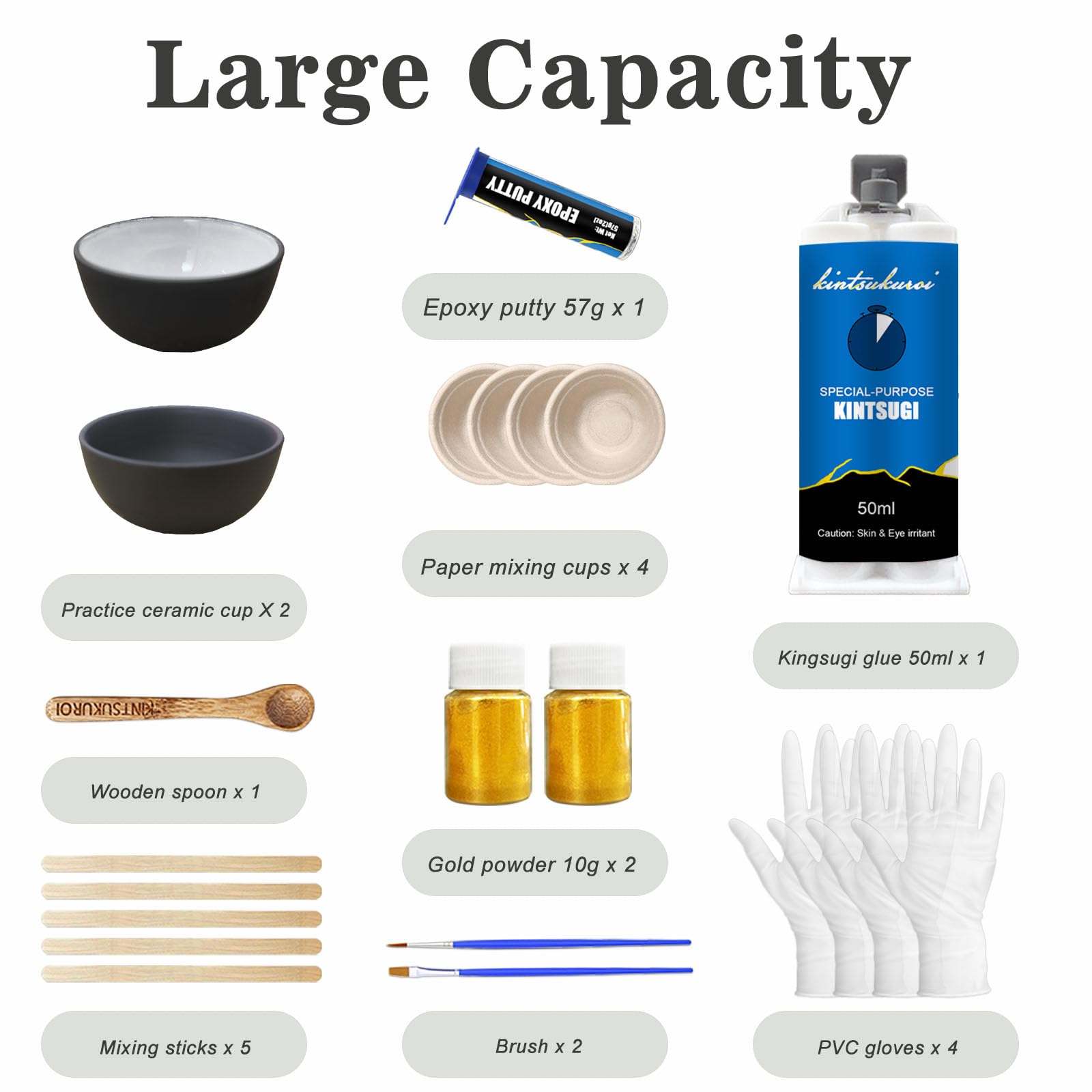 Kit di riparazione Kintsugi oro, kintsugi repair kit, ripara Ceramiche rotte con polvere d'oro e stucco epossidic, per principianti che restaurano regali significativi, Con 2 tazze di pratica