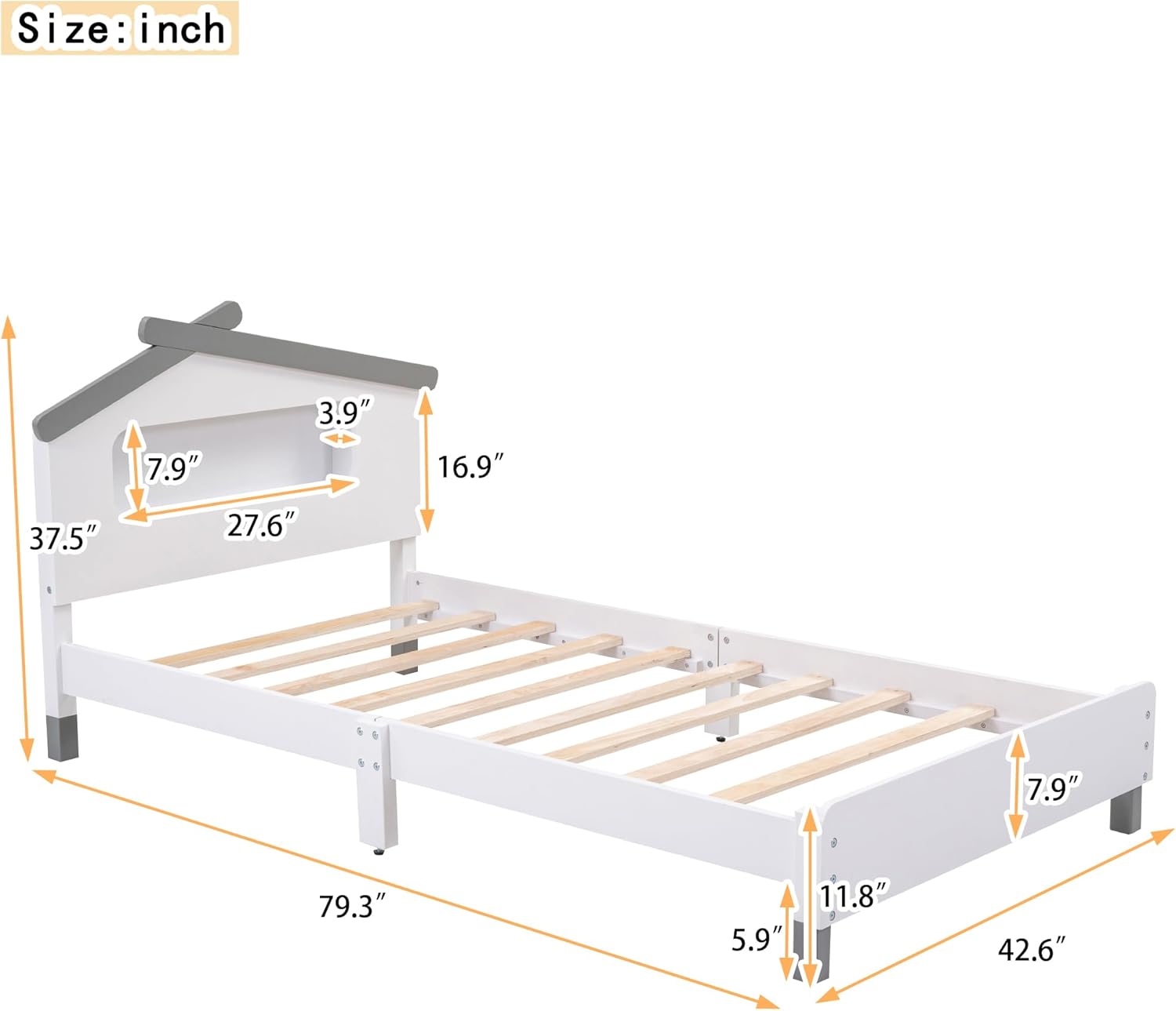 Twin Size Wood Platform Bed with House-Shaped Headboard and Motion Activated Night Lights, White+Gray