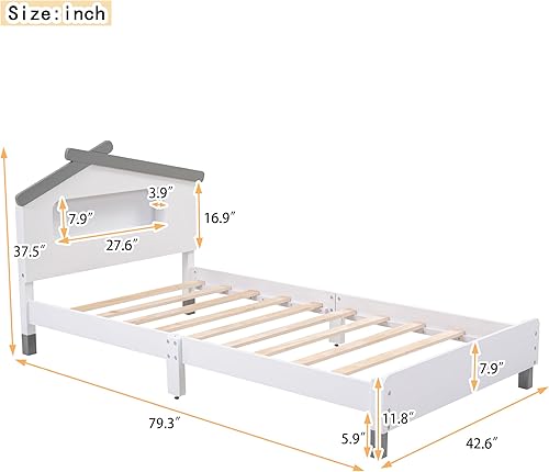 Miniatura 163 de Cama de plataforma de madera de tamaño individual con cabecera en forma de casa, soporte de listones de madera, para dormitorio de niños, niñas,