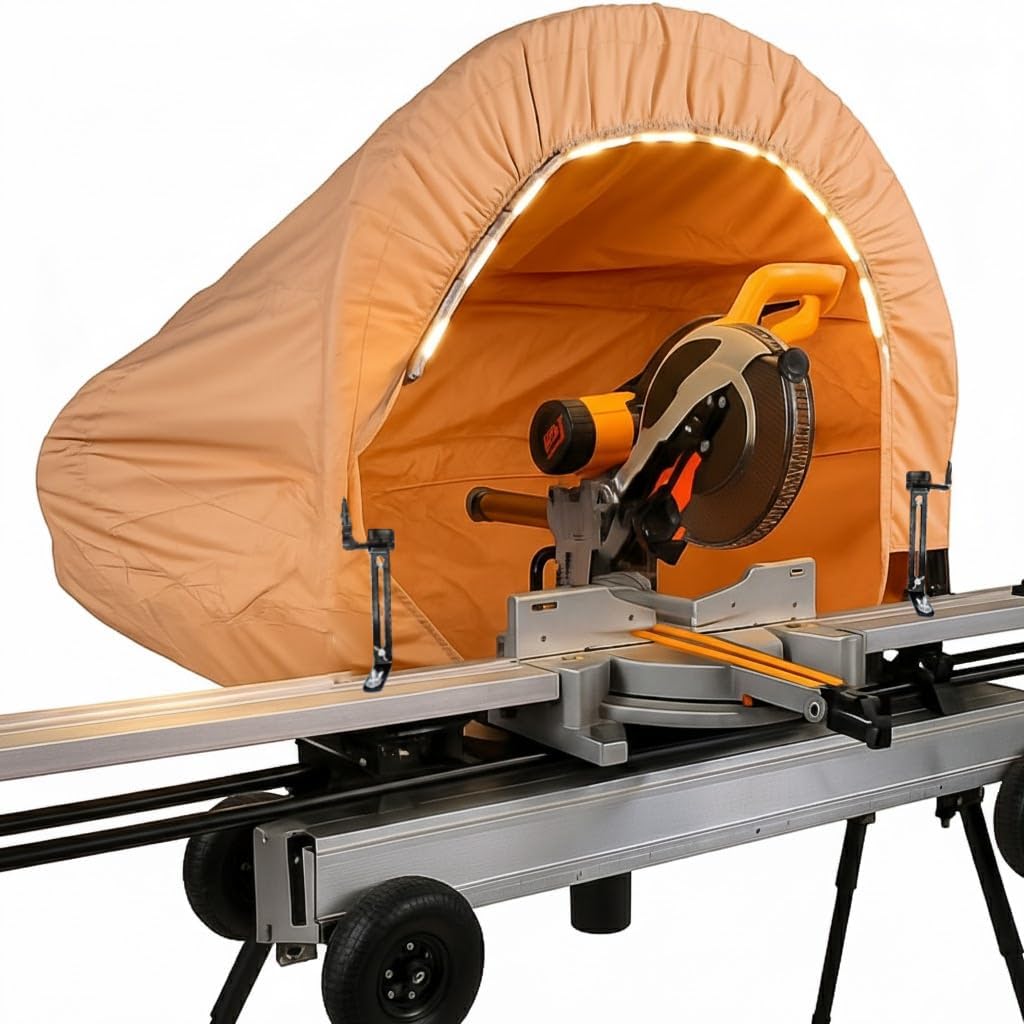 Miter Saw Dust Collector Hood with LED Light Universal Fit for 10” & 12” Miter Saws, Heavy-Duty Miter Saw Dust Collection Hood with Storage Bag, Fast Setup for Garage, Shop & Jobsite (Khaki)