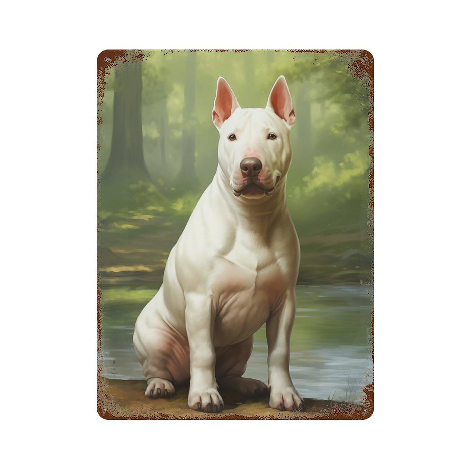 White Bull Terrier 15.7"x11.8" Rust Effect Tin Sign, Decorative Metal Wall Art for Garage, Bar And Workshop Decor