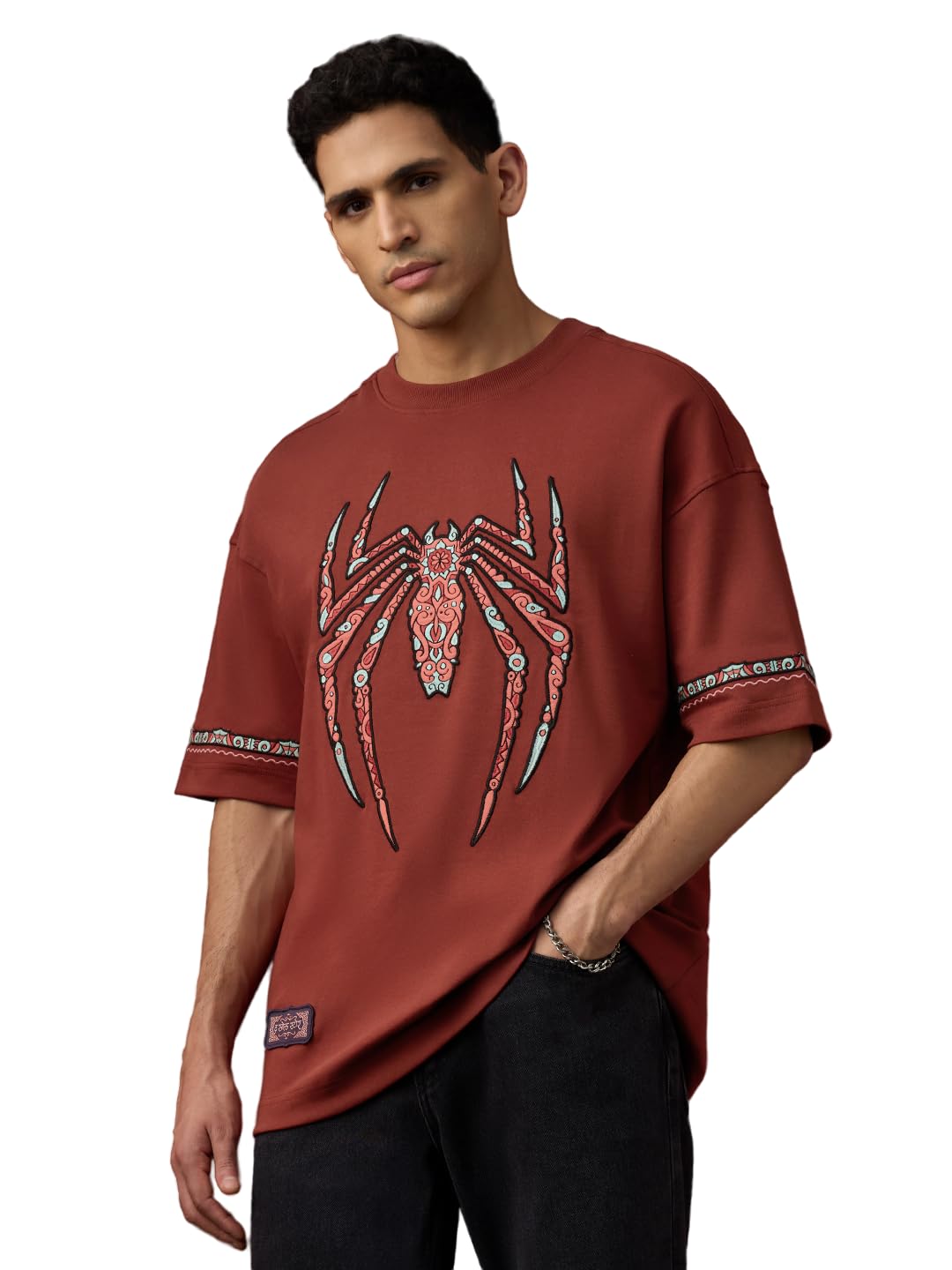 the souled store Marvel Indie: Logo Men and Boys Short Sleeves Round Neck Embroidered Drop Shoulder Baggy Casual Streetwear Superheroes Inspired Cotton Super Oversized T-Shirt-picture-13